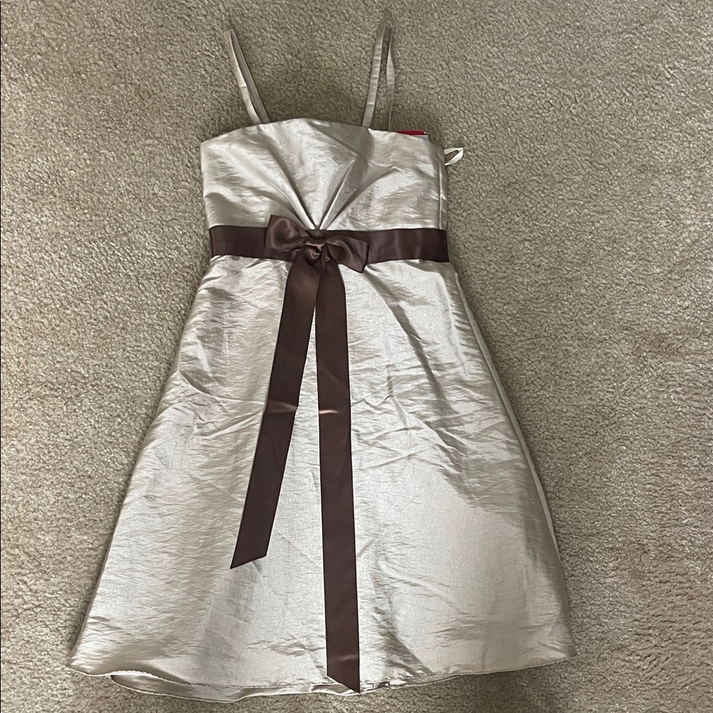 Girls Tan Shiny Bridal Dress with Brown Ribbon